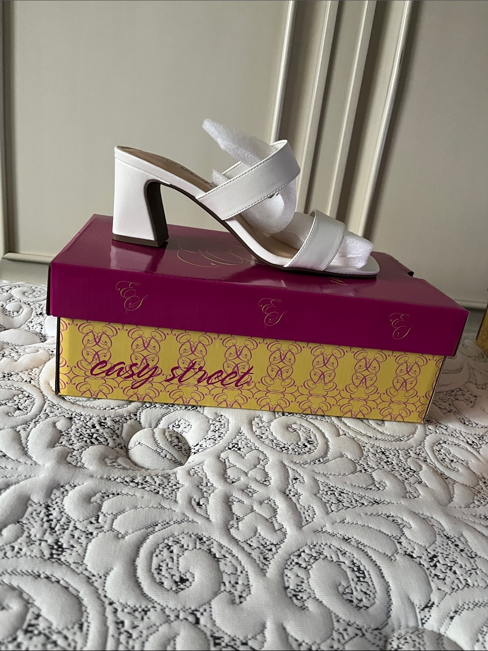 easy street White Double-Strap Block Heel Mule